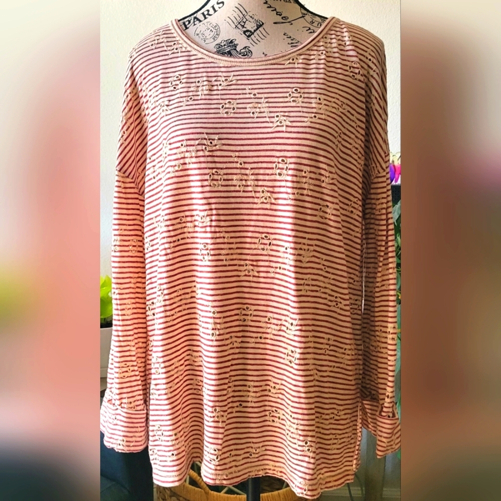 Lucky Brand LA CA Long Sleeved Red & Cream Striped Eyelet Top. XL